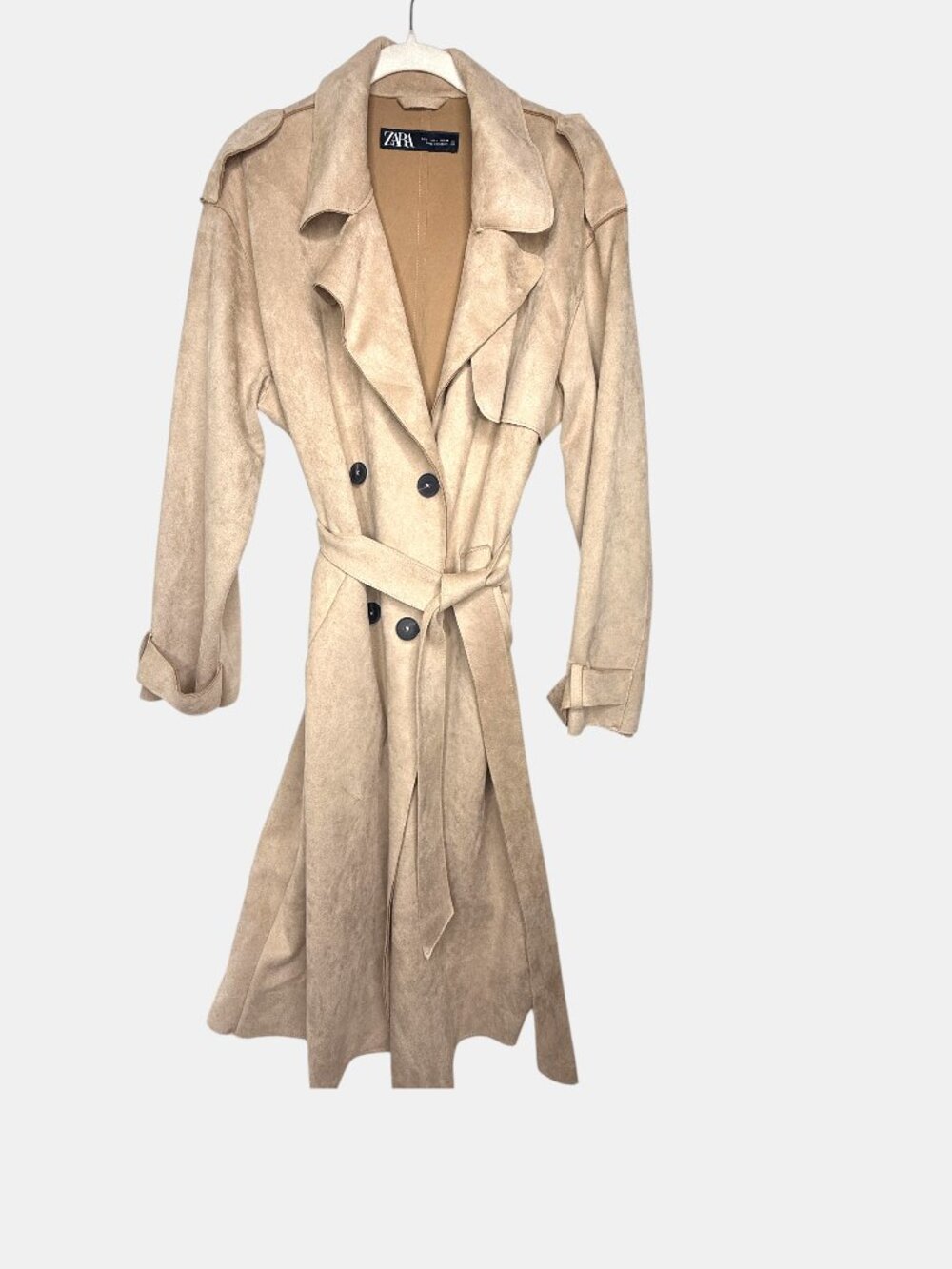 Zara Women’s Long Trench Coat Large – Beige Faux Suede Double Breasted Belted - Picture 2 of 6